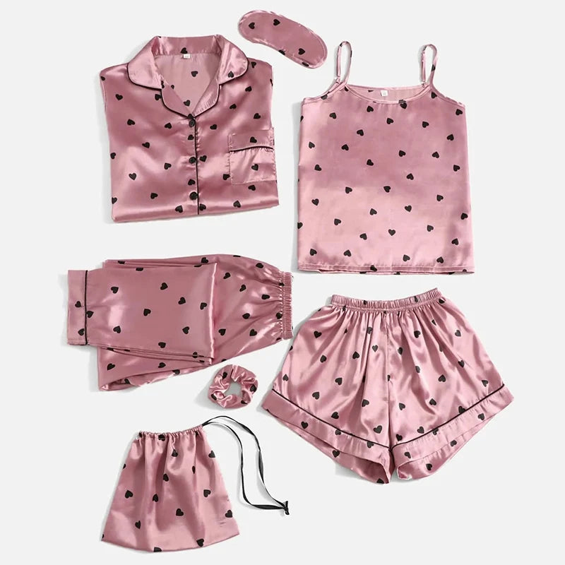 Women's Pajamas Set 7 Pieces Satin Sleepwear Pijama Silk Nightgown Suit Summer Women Home Clothing Printing Sleep Pyjama Femme