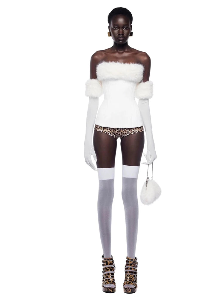 Weird Puss Christmas Furry Strapless Tops Women Patchwork Sexy Long Gloves Matching Birthday Luxury Classic Midnight Clubwear
