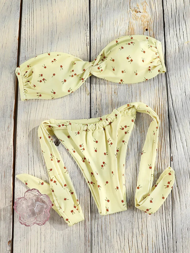Bandage Swimsuit String bordered Bikini Women's Swimwear Sexy Bathing Suit Solid Color Biquini Thongs Swimming Wear Beach Summer