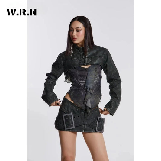 2024 Spring Casual Retro Style Sashes Y2k Fashion Leather Skirts Women's Vintage High Waist Slim Fit A-line Hotsweet Mini Skirt