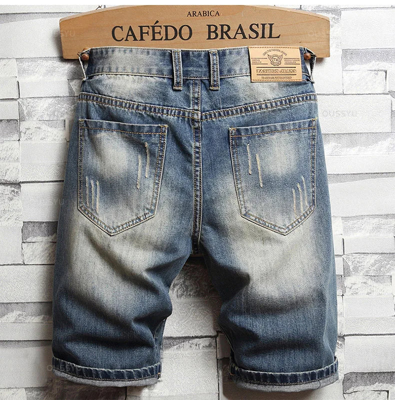 Brand Clothing New Summer Ripped Hole Denim Shorts Men Cotton Thin Straight Retro Biker Knee Length Short, Male Streetwear