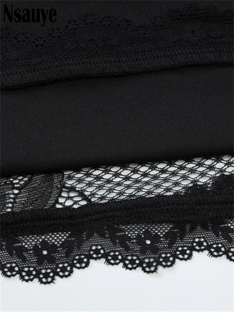 Nsauye Women Fashion Long Sleeve Lace Skinny T Shirt Sexy Club Y2K Clothes Patchwork Crop Tops Basic Tees Streetwear