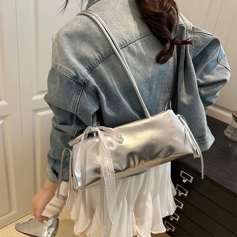 Korean Bow Ribbon Handbag Fashion Lace Square Shoulder Bag French Elegant Baguette Bag Leisure Large Capacity Tote Underarm Bag