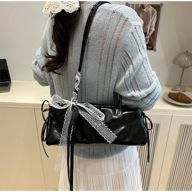 Korean Bow Ribbon Handbag Fashion Lace Square Shoulder Bag French Elegant Baguette Bag Leisure Large Capacity Tote Underarm Bag