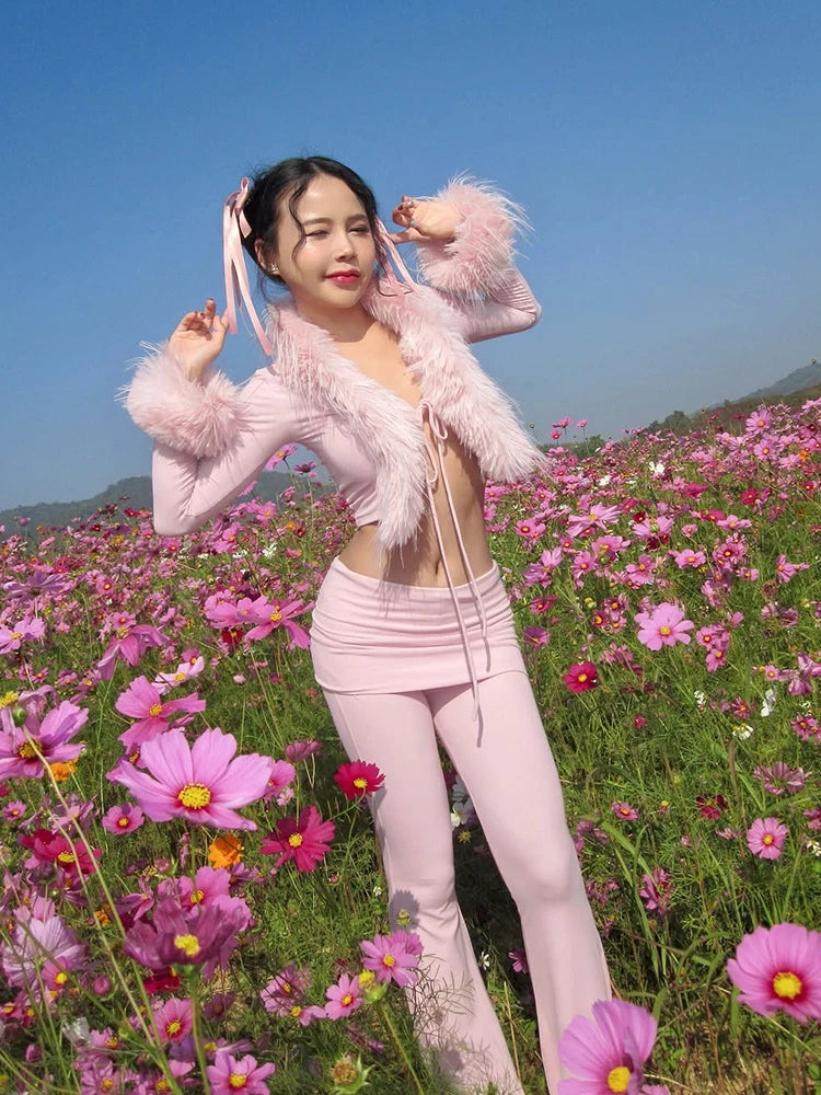 Weird Puss Feather Patchwork 2 Piece Set Women Bandages Bell sleeve Crop Top+Peach Hip Flare Pants Sexy Stretch Party Streetwear