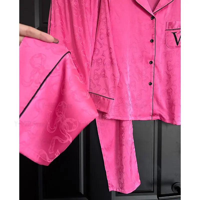 Hot Pink Bow Print Top&pant Loose Homewear Lady Casual 2Pcs Outfit Pijama Mujer Ice Silk Sleepwear Spring Autumn New Pyjamas