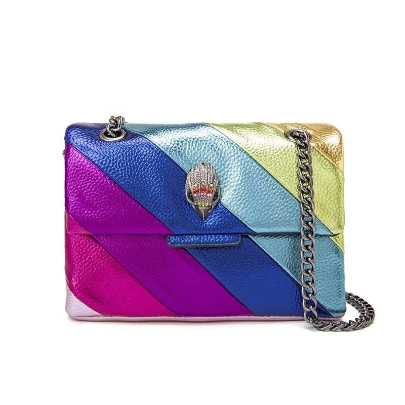 2026 New Metallic Rainbow Stripes Heart Bag PU Leather Chain Crossbody Purse