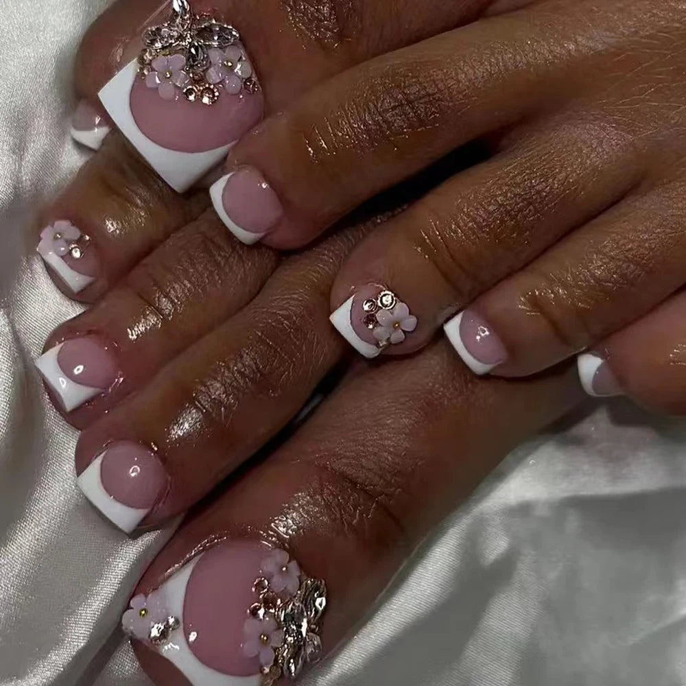 24pcs Sweet French False Nails Shiny 3d Dimaond Flowers Design Fake Nails Wearable Detachabe Summer Press on Nails for Girls