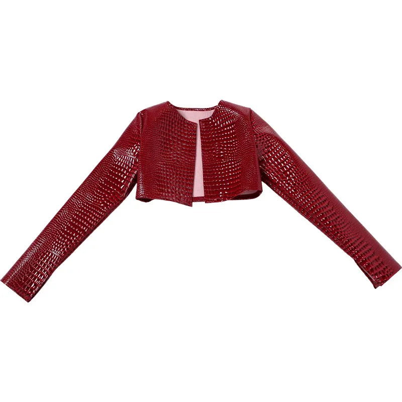 HLJ&GG Fashion Y2K Leather Snake Jacket Coat Three Piece Sets Women Lapel Long Sleeve Crop Top+Shorts Outfits Trend Streetwear