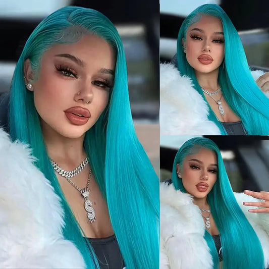 13x4 Frontal Transparent Lace Pre-Plucked Hairline Wigs Light Blue Straight Wigs High Density Brazilian Virgin Human Hair Wigs