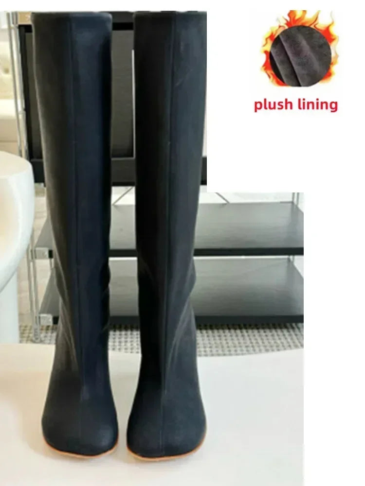 2025Autumn and Winter New 6cm Slim High Heels Knee High Women's Boots Round Toe Fashionable Women's Long Boots Knight Boots