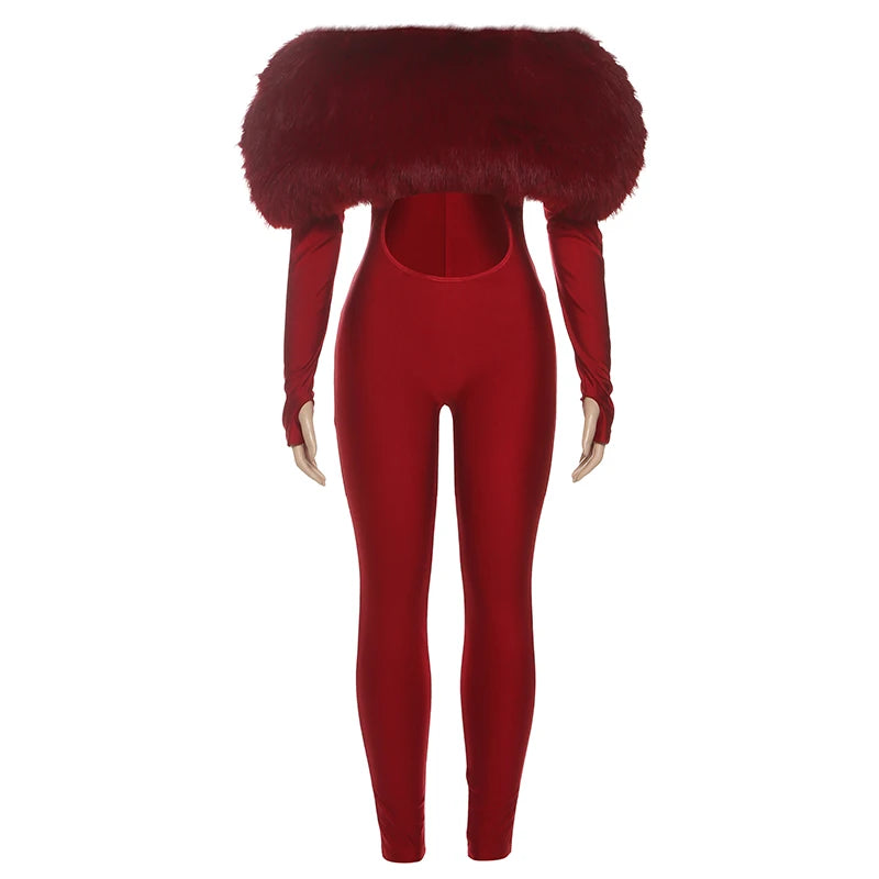 Furry Slash Neck Hollow Patchwork Jumpsuit — Women's Luxury
