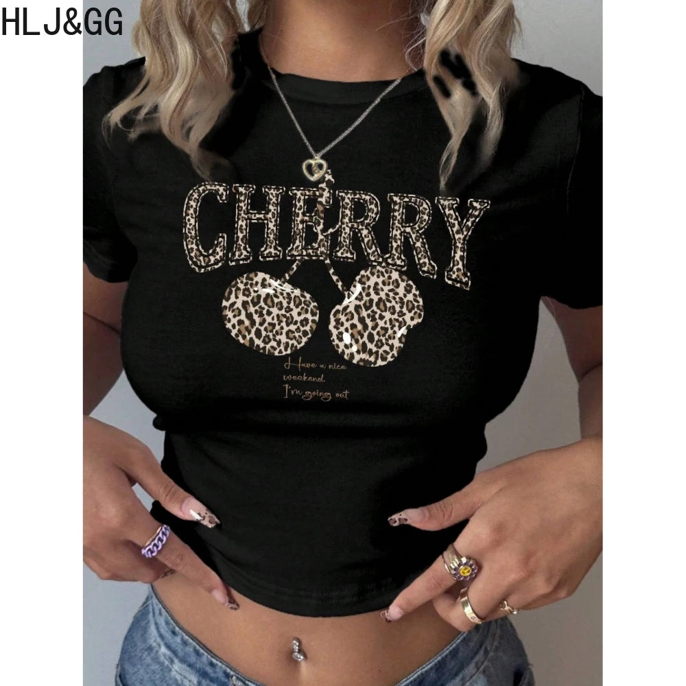 HLJ&GG Y2K Fashion Cherry Tshirts Two Piece Sets Women O Neck Short Sleeve Slim Crop Top + Bandage Sequin Leopard Shorts Outfits