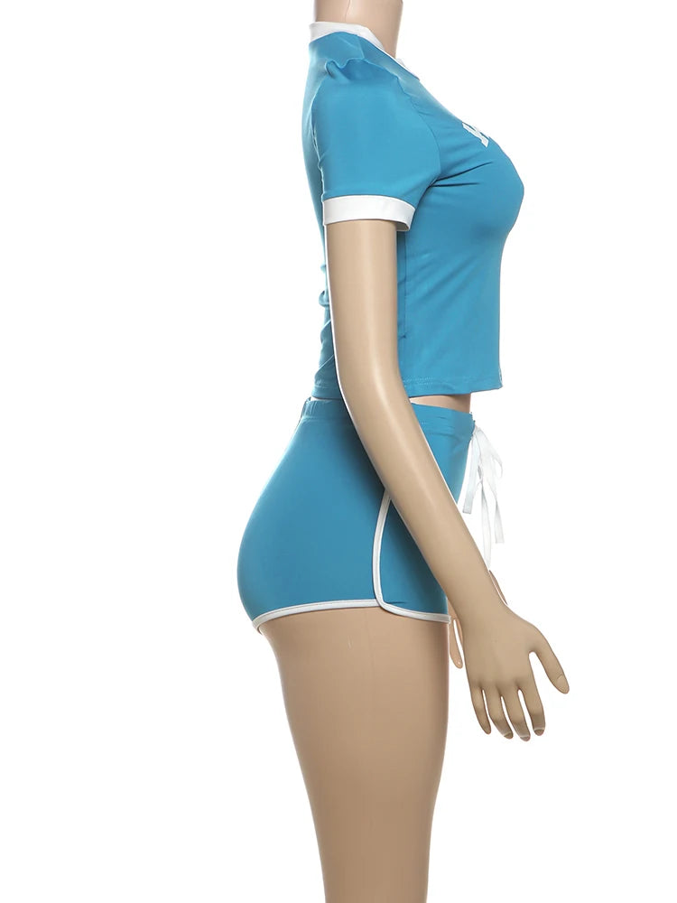 Weird Puss Activity 2piece Set Women Tracksuit Shorts Sleeve Crop Tops+Biker Shorts Letter Print Matching Street Stretch Suits