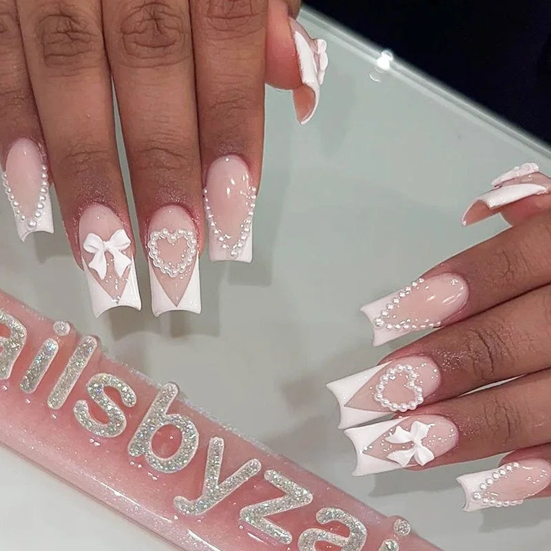 White French Press on Nails 3D Bowknot Fake Nails Tips Full Cover Wearable False Nails for Women and Girls DIY 24Pcs