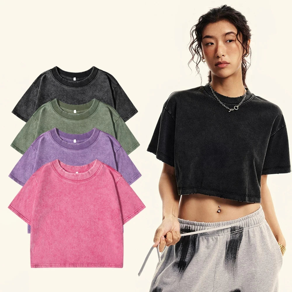 Slim Retro T-Shirt Solid Color Women Fashion Cotton Tee Tops Casual Sport Short Sleeve Cool Washed Streetwear For Female