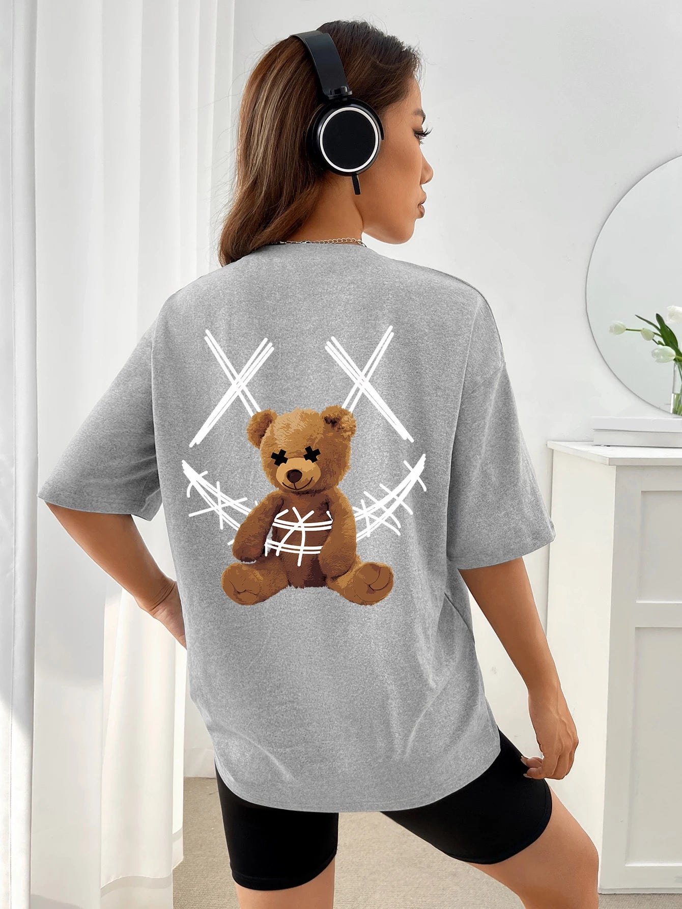 A Stuffed Bear Bound With A Bandage Print T-Shirts Female Casual Soft Tops Fashion Cool Tee Clothes Street Summer Short Sleeves