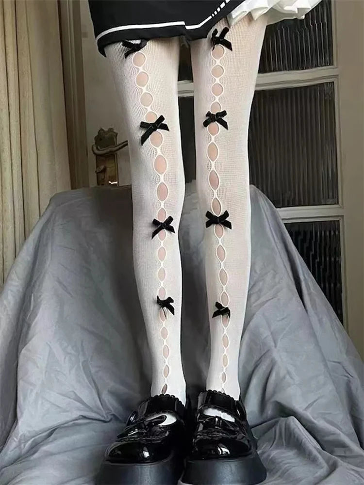 Sexy Lace Bow Patchwork Stockings Women Bodycon Elastic See Through Slim Pantyhose Party Club Sexy Y2K Hollow Out Tights Ladies