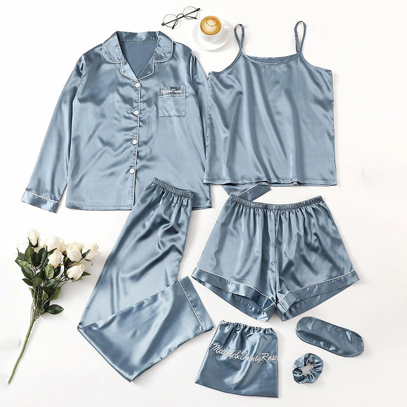 Women's Pajamas Set 7 Pieces Satin Sleepwear Pijama Silk Nightgown Suit Summer Women Home Clothing Printing Sleep Pyjama Femme