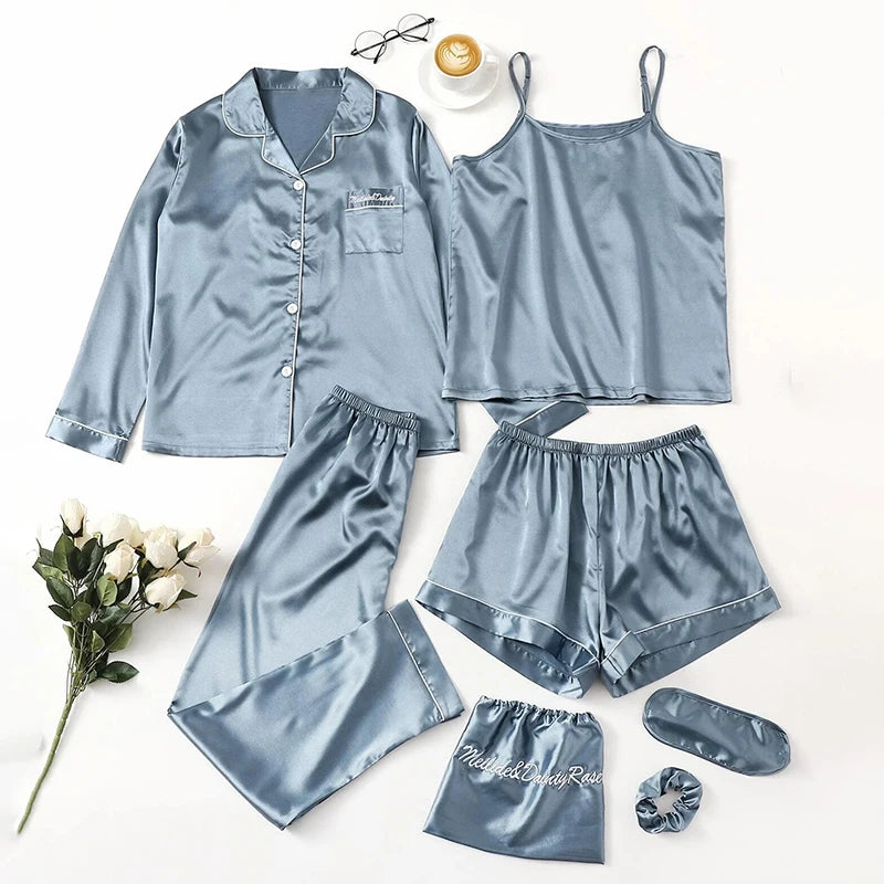 Women's Pajamas Set 7 Pieces Satin Sleepwear Pijama Silk Nightgown Suit Summer Women Home Clothing Printing Sleep Pyjama Femme