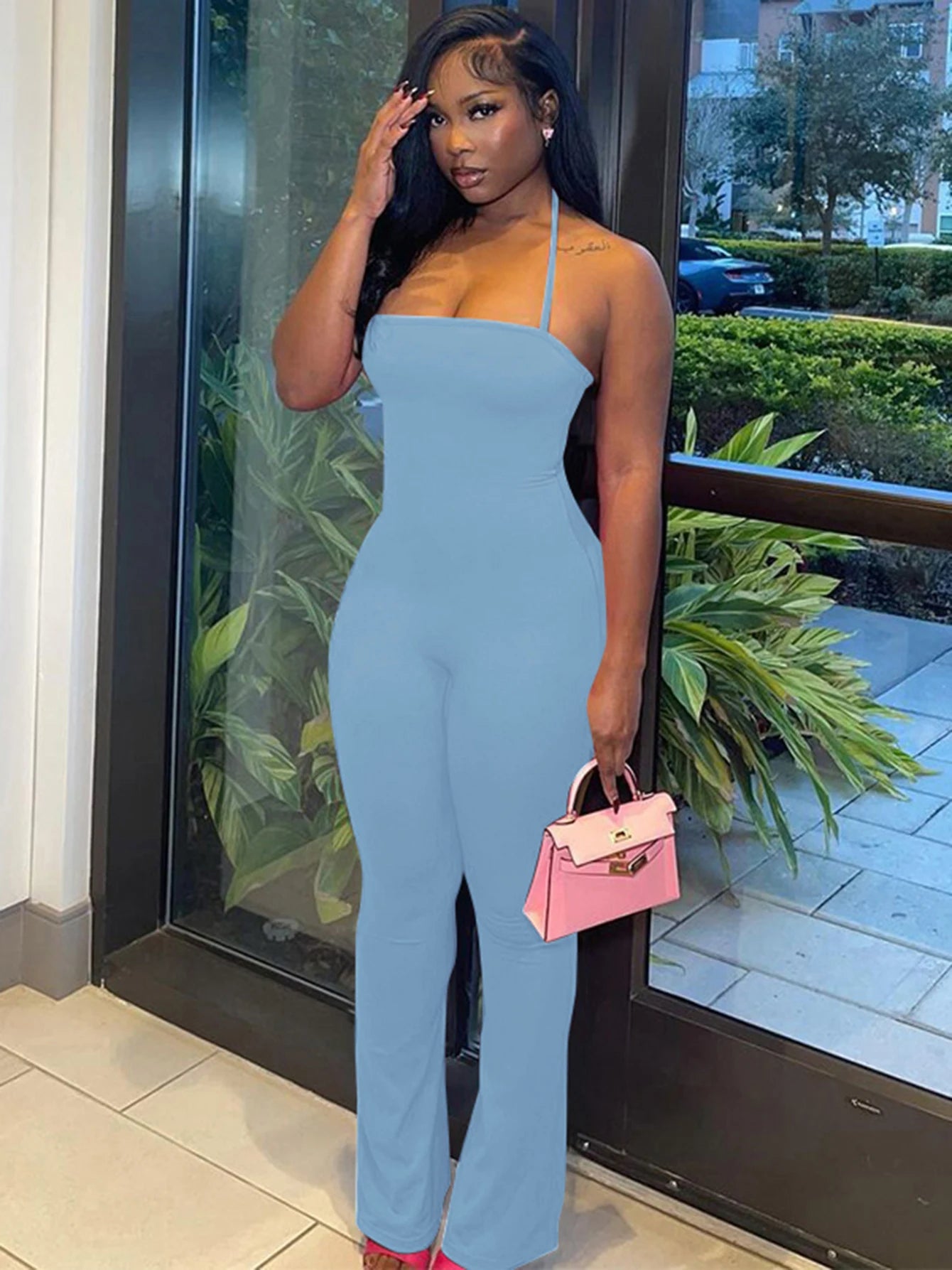 Hugcitar 2025 Spring Halter Solid Sleeveless Backless Sexy Bodycon Flare Pants Jumpsuit Women Casual Rompers Streetwear Festival