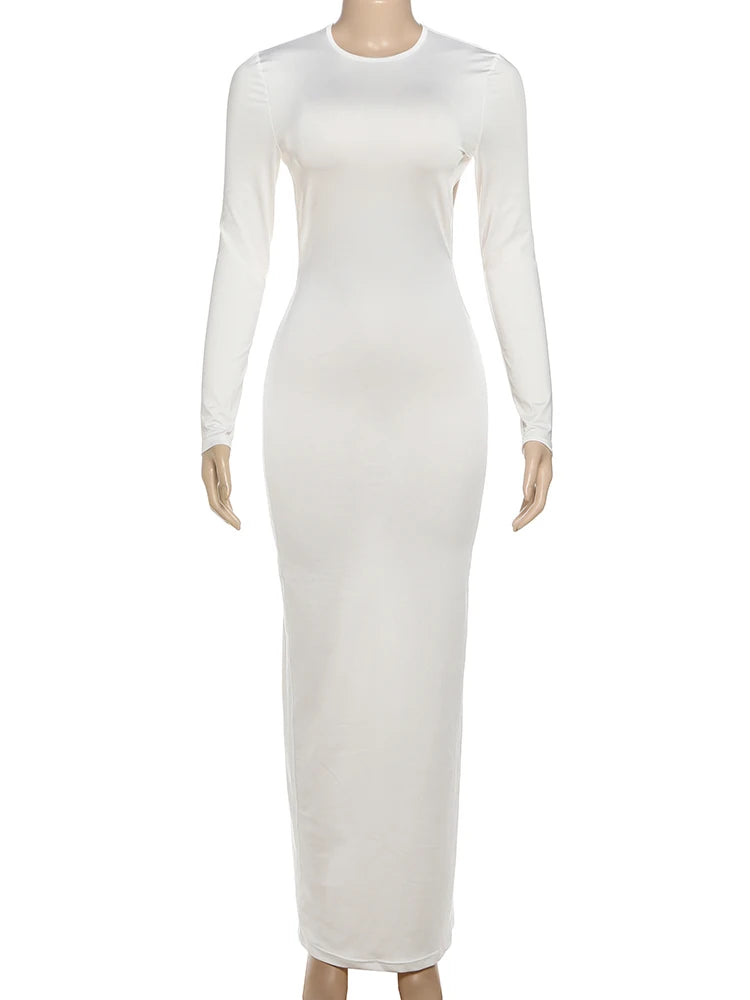 Weird Puss Backless Dress Women Sexy o-Neck Full Sleeve Adjustable Straps Autumn Fashion Skinny Simple Midnight Maxi Bodycon