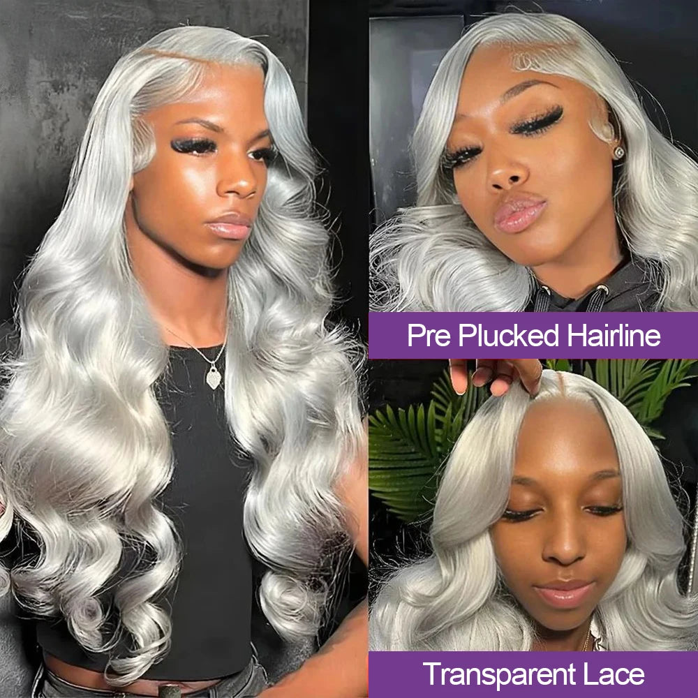 613 silver gray colored curl Wig 13x6 transparent Lace Front Body wave Wig 100% Brazilian Human Hair length lace Wig of Wowen
