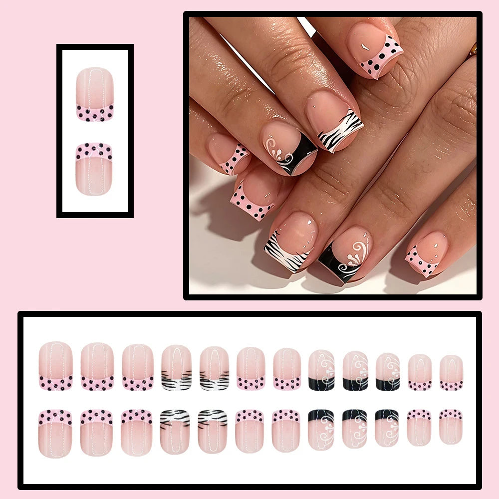 24pcs Short Square Shaped False Nails Black White Zebra-printed Polka Dot French Style Press On Nails Sweet DIY Manicure Art