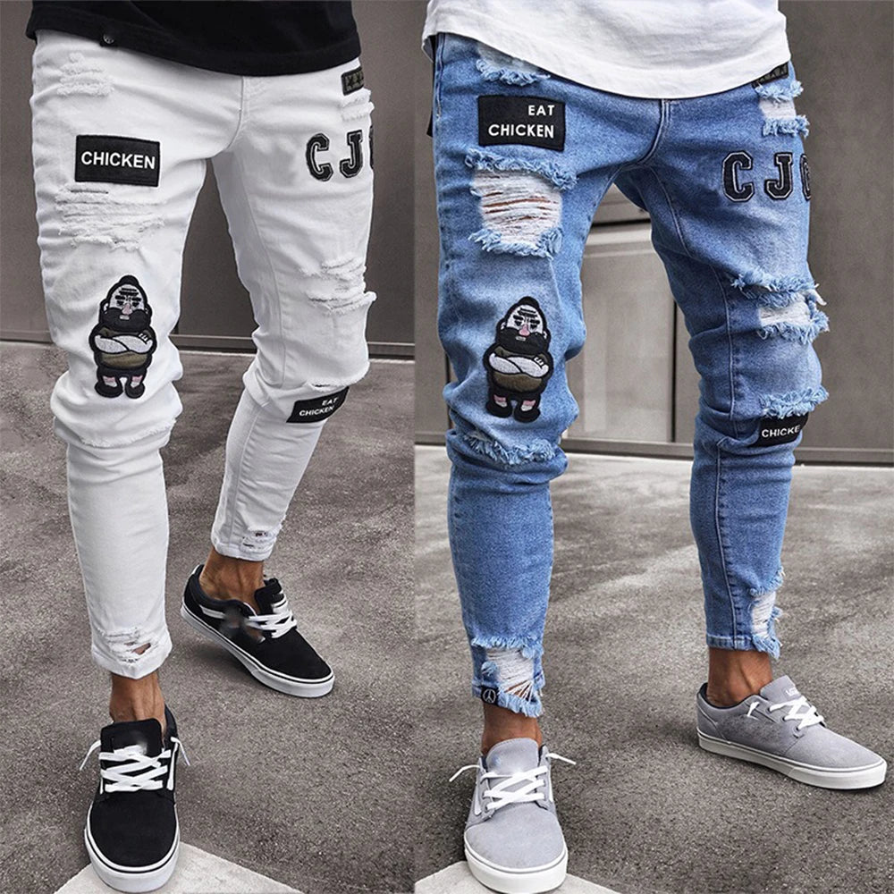 White Embroidery Skinny Ripped denim Men Cotton Stretchy Hole Slim Fit Hip Hop Denim Pants Casual Jeans for Men Jogging Trousers