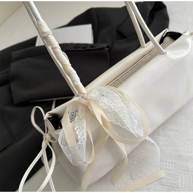 Korean Bow Ribbon Handbag Fashion Lace Square Shoulder Bag French Elegant Baguette Bag Leisure Large Capacity Tote Underarm Bag