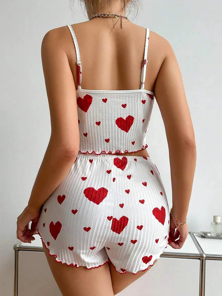 Sexy Girl Pajama Sets Love Heart Print Cami Top+Shorts Leisure Stripe Pyjamas Women Home Clothes Summer Sleeveless Sleepwear