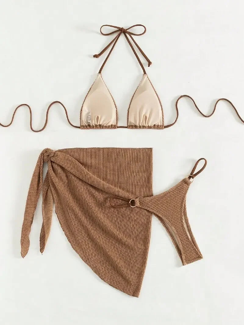 Sexy Brown Bikini Set 2024 Women Halter Push Up Bra Skirt 3 Piece Swimsuit Summer Bathing Suit Cover Up Thong Swimwear Biquini