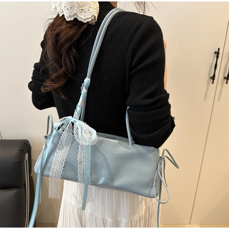 Korean Bow Ribbon Handbag Fashion Lace Square Shoulder Bag French Elegant Baguette Bag Leisure Large Capacity Tote Underarm Bag
