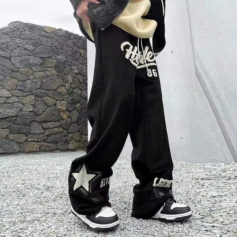 Summer New Casual Pants Men Retro Fashion Straight Pants Men Streetwear Drawstring Letter Hip-hop Trend Loose Balck Trousers