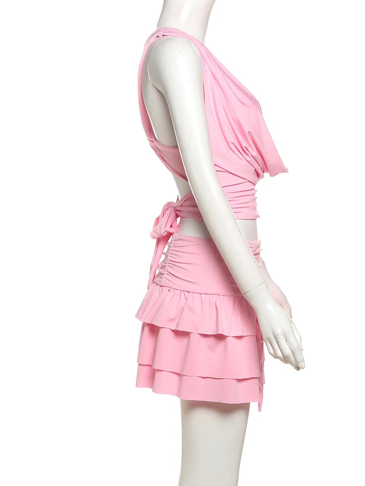 Weird Puss Sexy Chic 2 Piece Set Women Halter Swing Collar Tank Tops+Tierred Skirts Matching Beach Vacation Elegant Clubwear