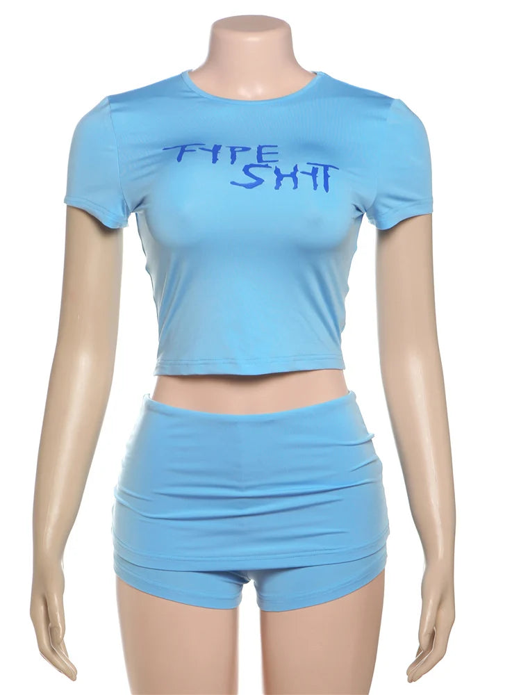 Weird Puss Casual Sporty 2 Piece Set Women Tracksuit Letter Print Short Sleeve Crop Tops+Ruched Shorts Daily Fashion Streetwear