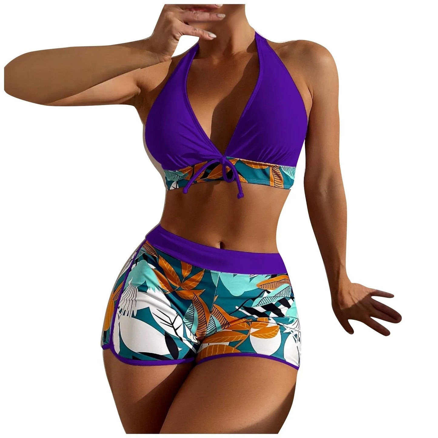Shorts Bikinis Set  High Waist Swimsuit Women Swimwear  Plant Print Bathers Bathing Swim Suit Beachwear