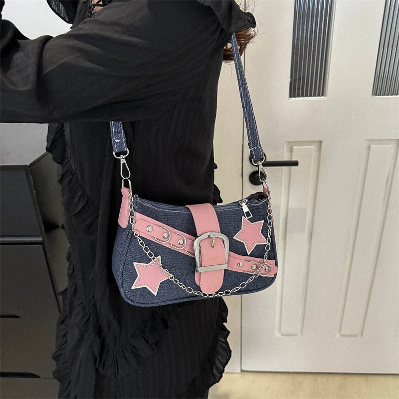 Fashion Women's Handbags Denim Stars Pattern Cool Girls Underarm Bag Female Small Shoulder Hobo Bags Chain Tote Bag