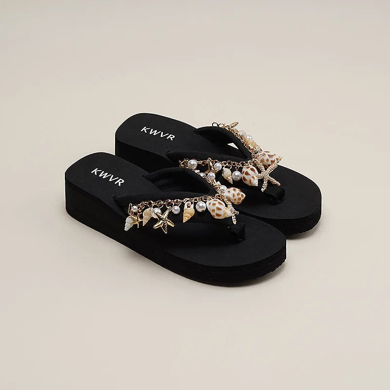 Adult 4cm Sponge Cake Thick Sole Flip Flops Summer 2026 Women's Versatile Conch Anti-slip Sandals Shiny Diamonds Beach Shoes