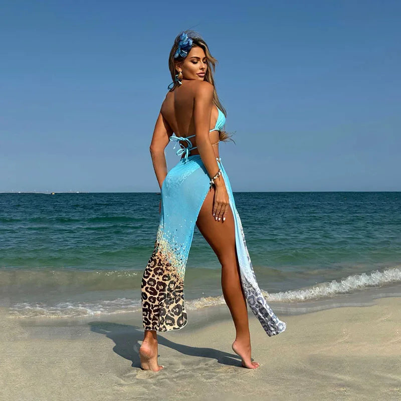 New Sexy Print Halter Swimwear,  Swimsuit Three-pieces Bikini Set Bather Bathing Suit Swim Lady