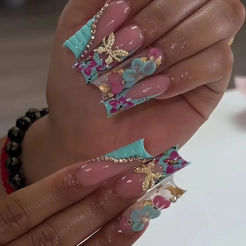 24Pcs Long Square Press on Nails Leopard Print French 3D Cherry Design False Nail Rhinestone Wearable Full Cover Fake Nails Tips