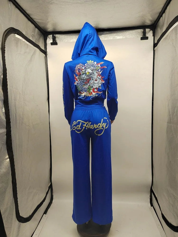 Leopard Knit Slim Hooded Coat & Pants Suit — Women's