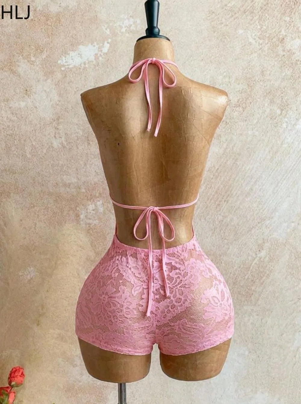 HLJ Summer New Sexy Lace See Through Patchwork Bodycon Rompers Woman Deep V-neck Backless Jumpsuits Female Streetwear Overalls