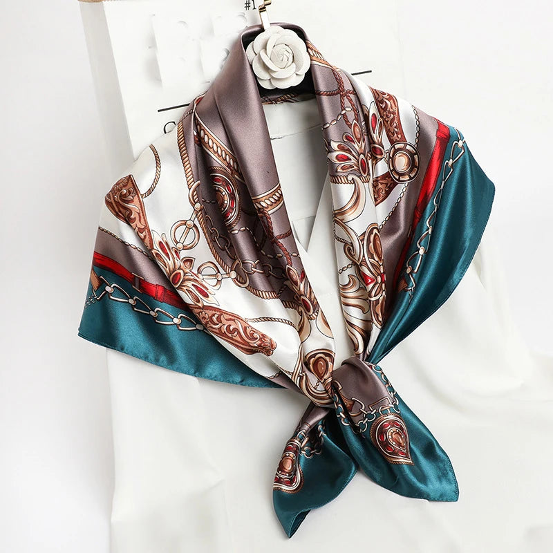 90*90cm Square Silk Scarves Women Hijab Shawls Fashion Print Kerchief Femme Head Scarf Foulard Bandana Beach Pareo