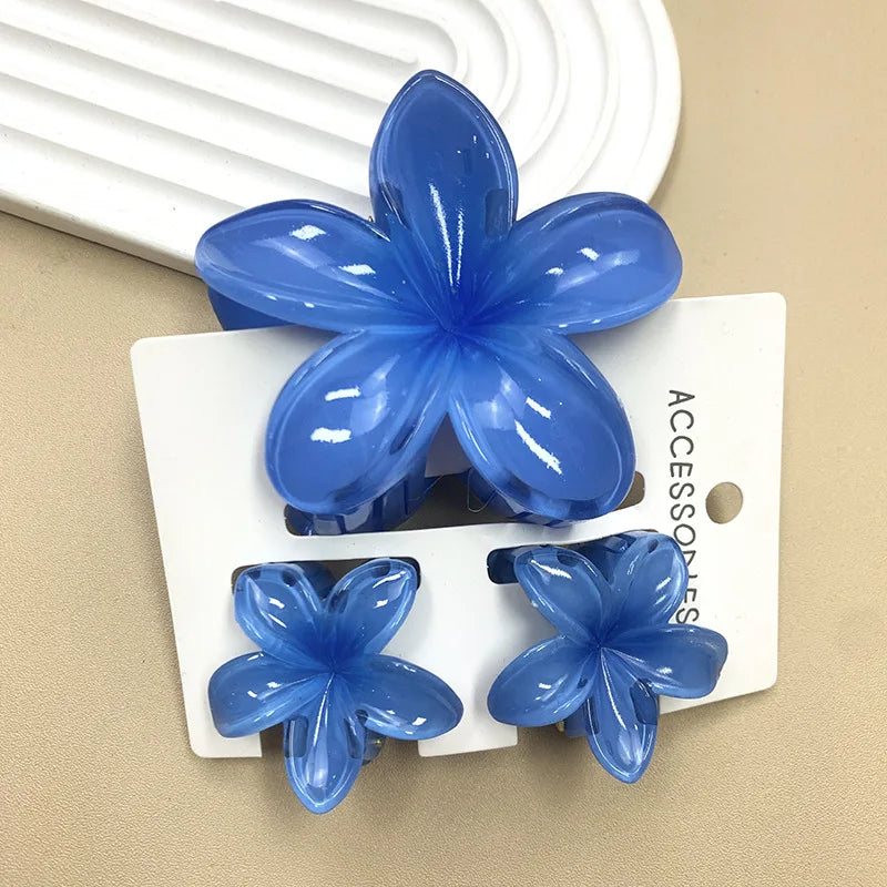 3Pcs Sweet Colorful Plumeria Flower Shark Clip Hair Claw Bohemian Ponytail Clip Plastic Hairpin Barrette Summer Hair Accessories