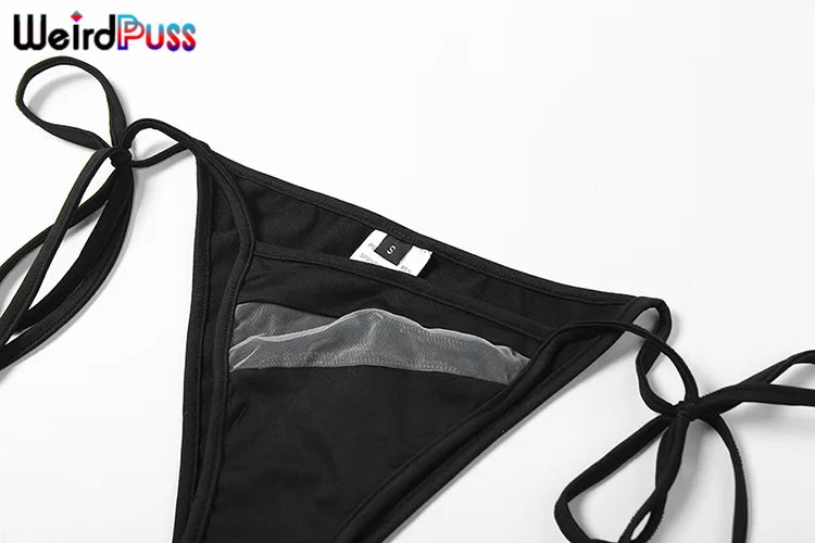 Weird Puss Beach Style Women Bikini 2 Piece Set Sexy Mesh Patchwork One Shoulder Bra Top+Bandage Briefs Vacation Trend Clubwear