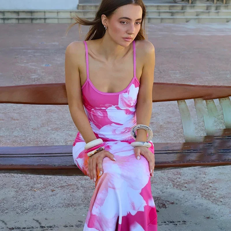 Elegant Printed Backless Long Dress Summer Women's Fashion Contrast Color Party Dress Patchwork Suspender Long Dress 2024 New