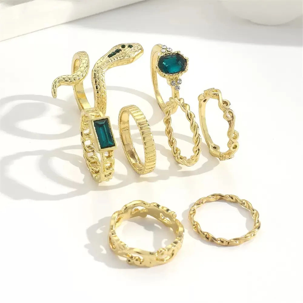 8PCSSet Of Fashionable And Retro Imitation Gemstone Snake-Shaped Twisted Rings For Women, Retro Wave Geometric Inlaid Rhinestone
