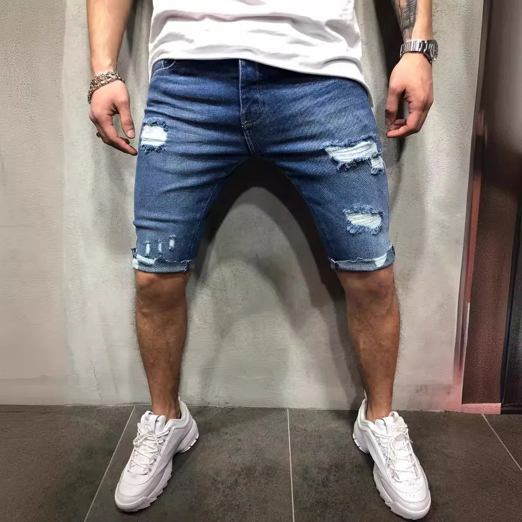 Summer Ripped Skinny Denim Shorts for Men with Distressed Ripped Cat Whiskers Hip Hop Streetwear Short Pants Men's Pants