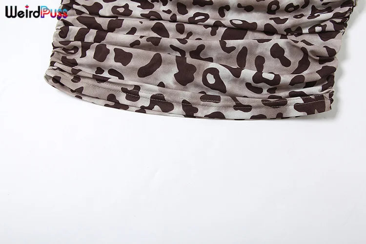 Weird Puss Leopard Print Crop Tops Woman Summer Strapless Ruffles Scarf Collar Trend Sexy Party Wild Chic Clubwear Skinny Vest